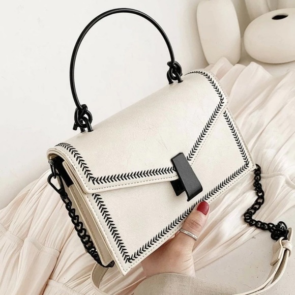 Black and White Flap Satchel Crossbody Bag - Picture 3 of 6